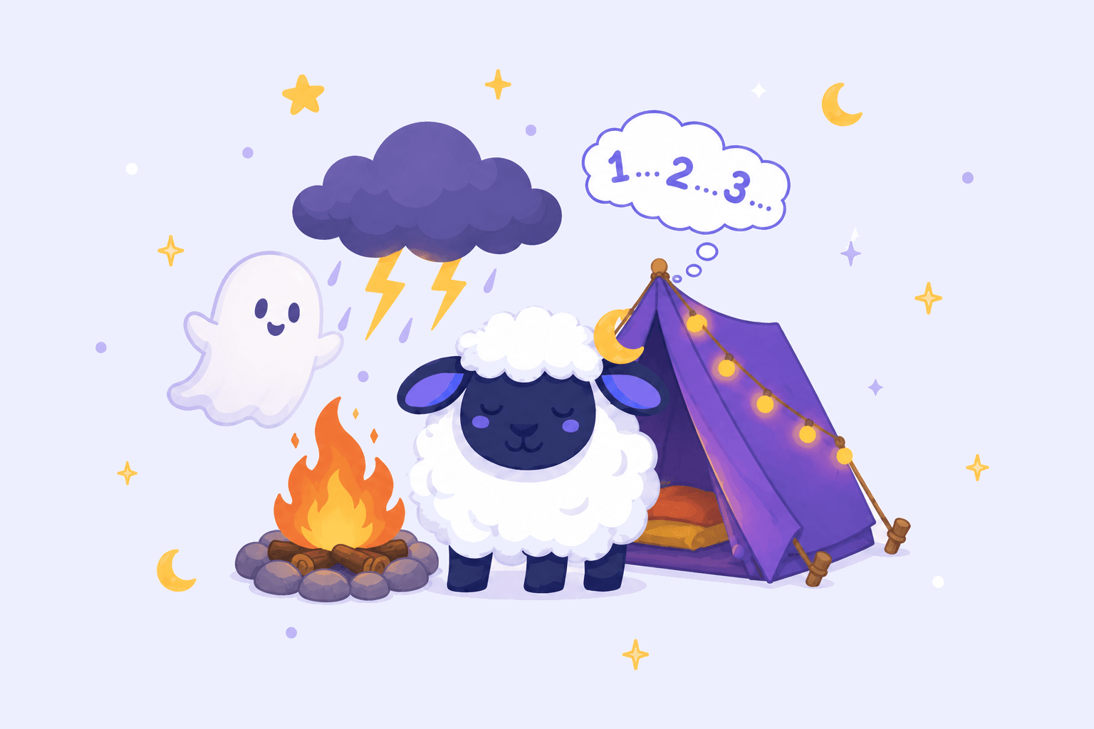 A sleepy CountingSheep beside a friendly ghost, campfire, tent, and counting cloud